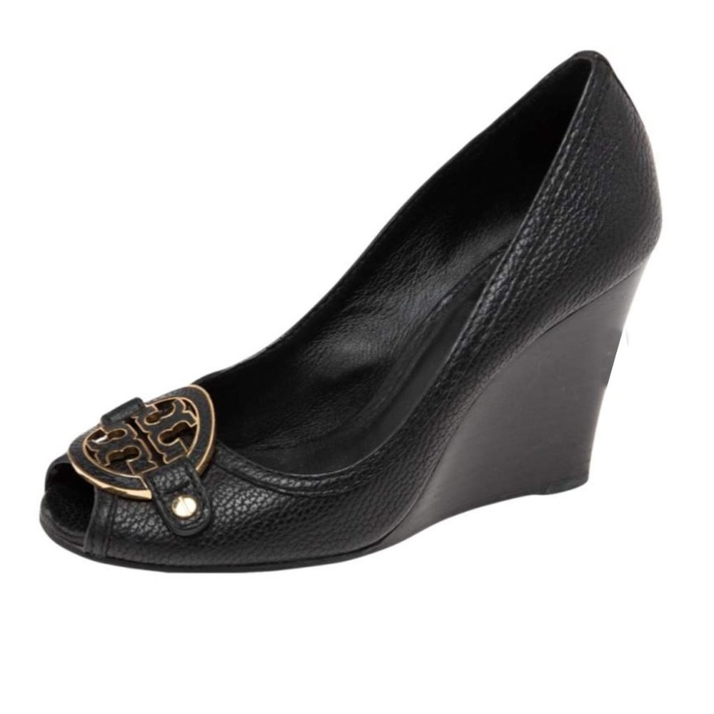 Tory Burch reva medallion black leather wedges with peep toe shoes